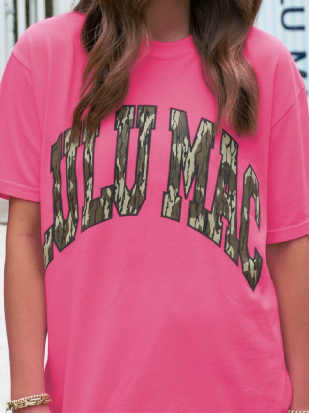 Women's Hot Pink Short Sleeve Tee with Camo Block Lettering
